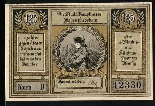 Notgeld Hohenfriedeberg, 1925, 1 Mark 25 Pfennig, Portrait eines Mannes und Siegessäule auf einem Hügel