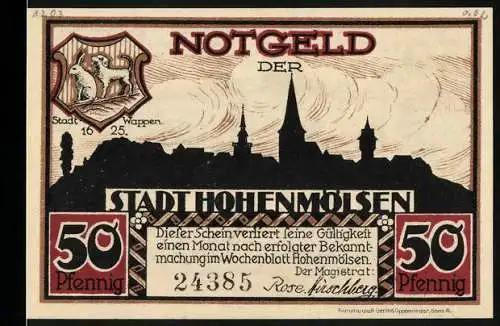 Notgeld Hohenmölsen, 50 Pfennig, Stadtwappen und Stadtansicht mit Markt, 24385