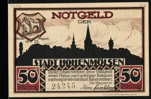 Notgeld Hohenmölsen, 50 Pfennig, Stadtwappen und Schlacht bei Hohenmölsen 1080, Rudolf von Schwaben