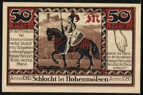 Notgeld Hohenmölsen, 50 Pfennig, Stadtwappen und Schlacht bei Hohenmölsen 1080, Rudolf von Schwaben