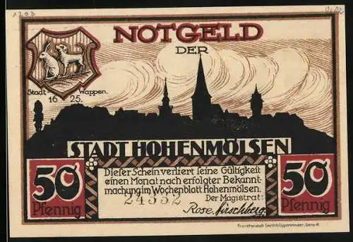 Notgeld Hohenmölsen, 50 Pfennig, Wappen und Stadtansicht, Rückseite Bergbau-Szene