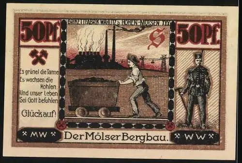 Notgeld Hohenmölsen, 50 Pfennig, Wappen und Stadtansicht, Rückseite Bergbau-Szene