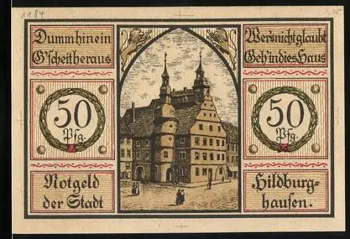 Notgeld Hildburghausen, 1921, 50 Pfennig, Dummhinen G`scheithaeraus Versmichglaub Geh’indies Haus