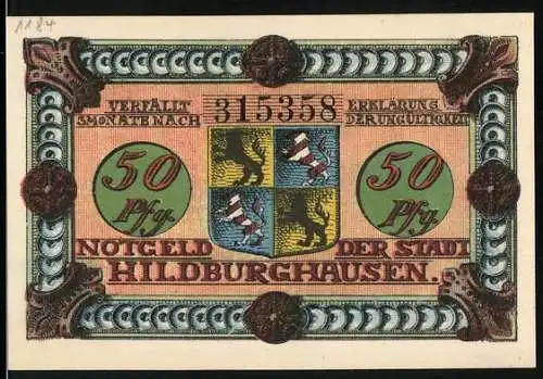 Notgeld Hildburghausen, 1921, 50 Pfennig, Wappen und Frau mit rotem Kopftuch