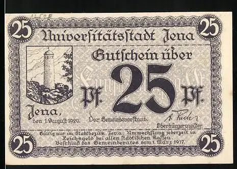 Notgeld Jena 1917, 25 Pfennig, Gutschein der Universitätsstadt Jena mit Turm und Stadtwappen