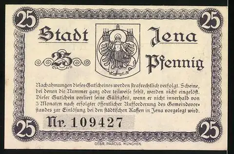 Notgeld Jena 1917, 25 Pfennig, Gutschein der Universitätsstadt Jena mit Turm und Stadtwappen