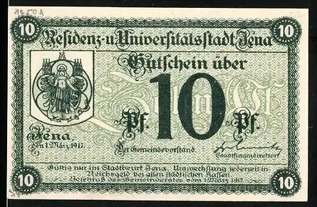 Notgeld Jena, 1918, 10 Pfennig, Gutschein über 10 Pf, Stadtwappen und Text, Nr. 109857