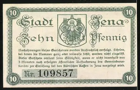 Notgeld Jena, 1918, 10 Pfennig, Gutschein über 10 Pf, Stadtwappen und Text, Nr. 109857