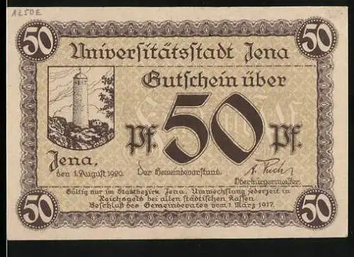 Notgeld Jena, 1917, 50 Pf, Universitätsstadt Gutschein mit Turm und Wappen, Seriennummer 00616