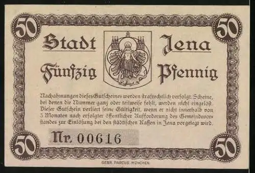 Notgeld Jena, 1917, 50 Pf, Universitätsstadt Gutschein mit Turm und Wappen, Seriennummer 00616