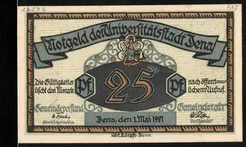 Notgeld Jena, 1921, 25 Pf, Engel und Denkmal, Gültigkeit drei Monate