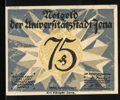 Notgeld Jena, 1921, 75 Pfennig, Universität und Ernst Abbe mit Mikroskop