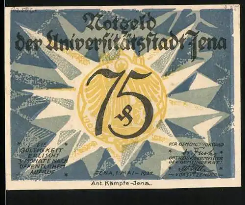 Notgeld Jena 1921, 75 Pfennig, Schiller und Goethe mit Gebäude im Hintergrund