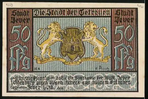 Notgeld Jever, 50 Pfennig, Stadtszene mit Kutsche und Haus der Getreuen, Rückseite mit Löwenwappen und Text