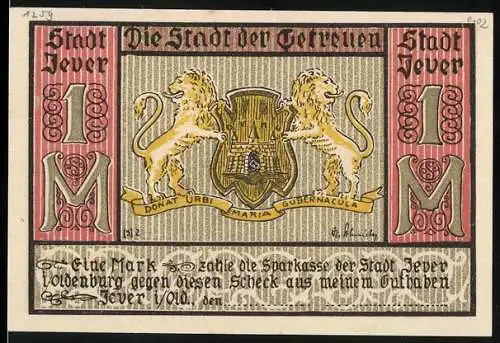 Notgeld Jever, 1921, 1 Mark, Zwei Löwen mit Stadtwappen, historische Gebäude und Landschaft