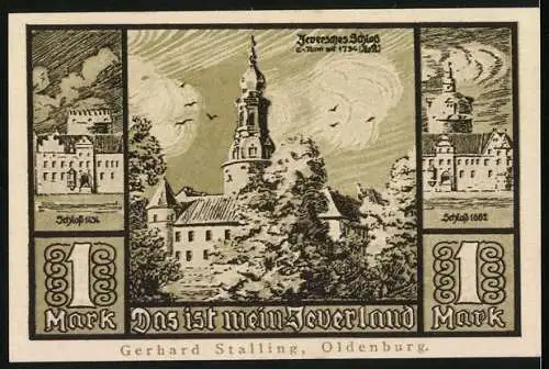 Notgeld Jever, 1921, 1 Mark, Zwei Löwen mit Stadtwappen, historische Gebäude und Landschaft