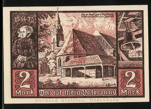 Notgeld Jever, 1921, 2 Mark, Kirche und Löwenwappen, Gerhard Stalling Oldenburg