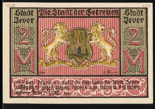 Notgeld Jever 1921, 2 Mark, Zwei Löwen mit Stadtwappen, Kirche und Porträt einer Frau