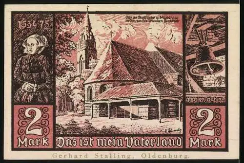 Notgeld Jever 1921, 2 Mark, Zwei Löwen mit Stadtwappen, Kirche und Porträt einer Frau