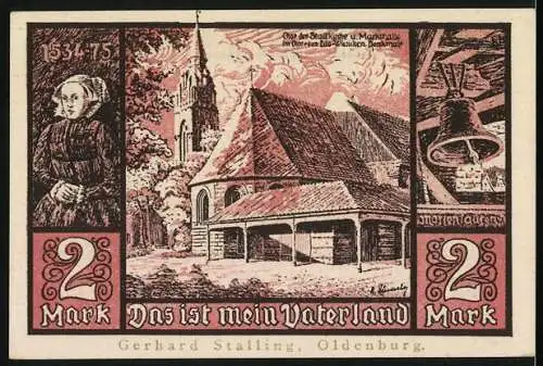 Notgeld Jever, 1921, 2 Mark, Löwenwappen und Kirche, Das ist mein Vaterland