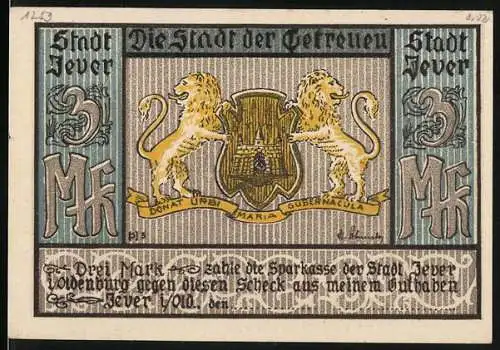 Notgeld Jever, 1921, 3 Mark, Löwenwappen und ländliche Szenen mit Kühen, Bienenstöcken und Mühle