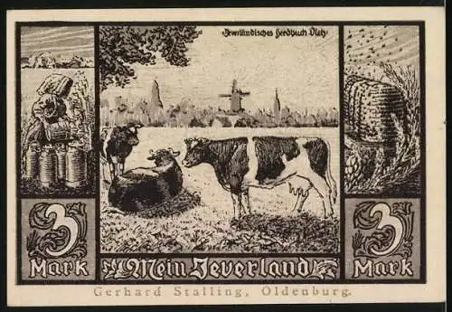 Notgeld Jever, 1921, 3 Mark, Löwenwappen und ländliche Szenen mit Kühen, Bienenstöcken und Mühle