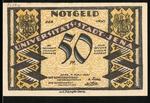 Notgeld Jena, 1921, 50 Pf, Universitätsstadt mit Gebäuden und Menschenansammlung