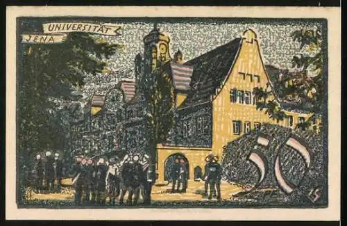 Notgeld Jena, 1921, 50 Pf, Universitätsstadt mit Gebäuden und Menschenansammlung