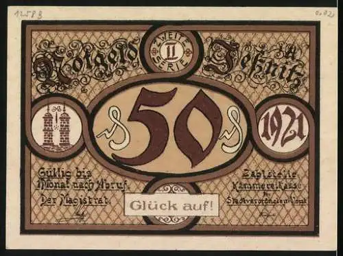 Notgeld Jessnitz 1921, 50 Pfennig, Ruine als Motiv, Glück auf!