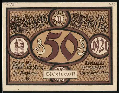 Notgeld Jessnitz 1921, 50 Pfennig, Rathaus und Glück Auf!