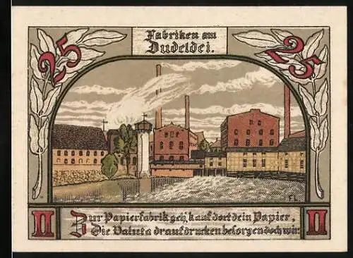 Notgeld Jessnitz, 1921, 25 Pfennig, Fabriken am Dudeldei und Altes Haus am Markt