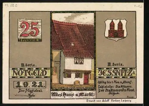 Notgeld Jessnitz, 1921, 25 Pfennig, Fabriken am Dudeldei und Altes Haus am Markt