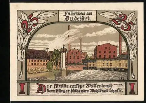 Notgeld Jessnitz, 1921, 25 Pfennig, Fabrikansicht und altes Haus am Markt