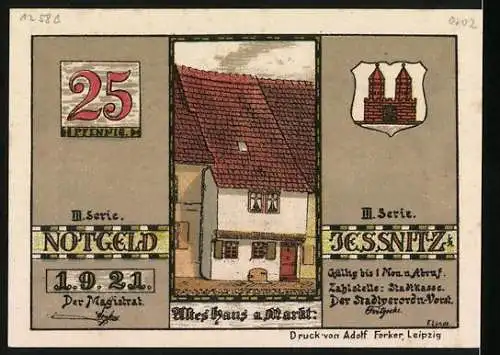 Notgeld Jessnitz, 1921, 25 Pfennig, Fabrikansicht und altes Haus am Markt