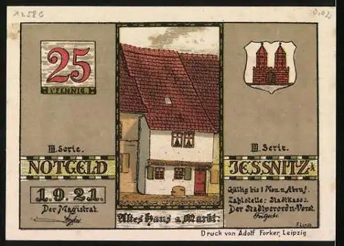 Notgeld Jessnitz, 1921, 25 Pfennig, Tanzszene und altes Haus am Markt