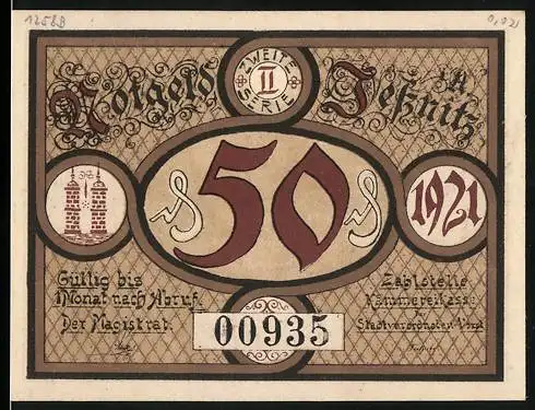 Notgeld Jessnitz 1921, 50 Pfennig, mit Burgmotiv und Landschaftsszene, Seriennummer 00935