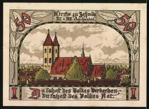 Notgeld Jessnitz, 1921, 50 Pfennig, Altes Haus am Markt und Kirche zu Jessnitz 16. /17. Jahrhundert