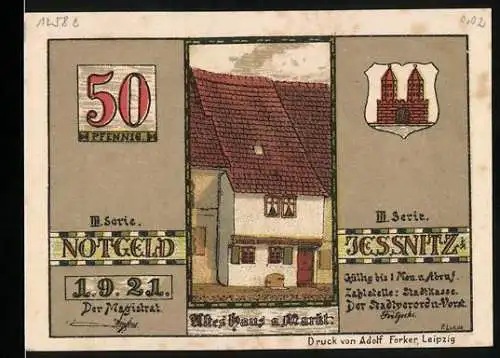 Notgeld Jessnitz, 1921, 50 Pfennig, Altes Haus am Markt und Rathaus Jessnitz im XVII. Jahrhundert