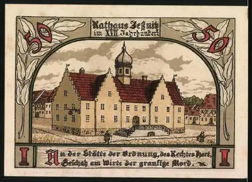 Notgeld Jessnitz, 1921, 50 Pfennig, Altes Haus am Markt und Rathaus Jessnitz im XVII. Jahrhundert