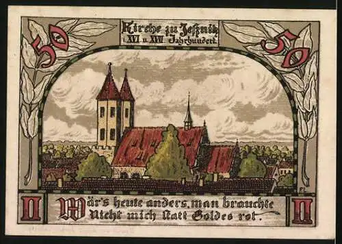 Notgeld Jessnitz 1921, 50 Pfennig, Altes Haus am Markt und Kirche zu Jessnitz XVI u. XVII Jahrhundert