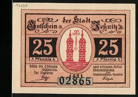 Notgeld Jessnitz 1921, 25 Pfennig, Abbildung von Türmen und Arbeiterkolonne