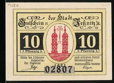 Notgeld Jessnitz, 10 Pfennig, Brückenturm und Landschaft mit Brücke