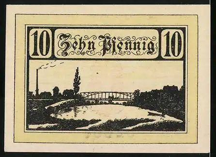 Notgeld Jessnitz, 10 Pfennig, Brückenturm und Landschaft mit Brücke