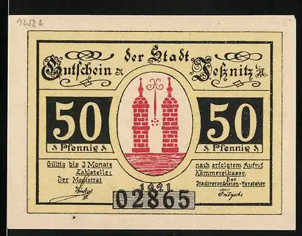 Notgeld Jessnitz, 1921, 50 Pfennig, Stadtwappen und Landschaftsansicht mit Gedicht