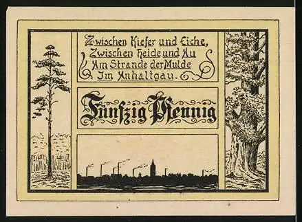 Notgeld Jessnitz, 1921, 50 Pfennig, Stadtwappen und Landschaftsansicht mit Gedicht