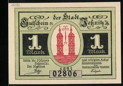 Notgeld Jessnitz, 1921, 1 Mark, Türme und Bootsfahrer auf einem Flussmotiv