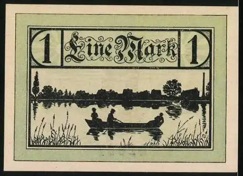 Notgeld Jessnitz, 1921, 1 Mark, Türme und Bootsfahrer auf einem Flussmotiv