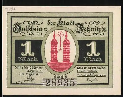 Notgeld Jessnitz 1921, 1 Mark, Stadtansicht mit Türmen und Bootsfahrt auf einem Fluss