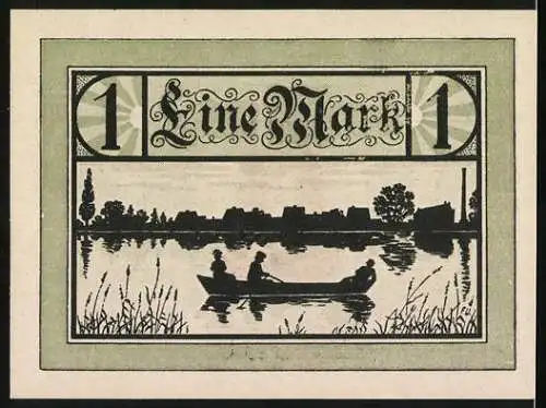 Notgeld Jessnitz 1921, 1 Mark, Stadtansicht mit Türmen und Bootsfahrt auf einem Fluss