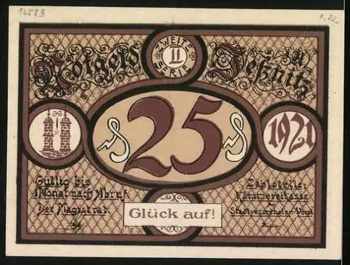 Notgeld Jessnitz 1921, 25 Pfennig, Reiter auf Pferd und Stadtwappen